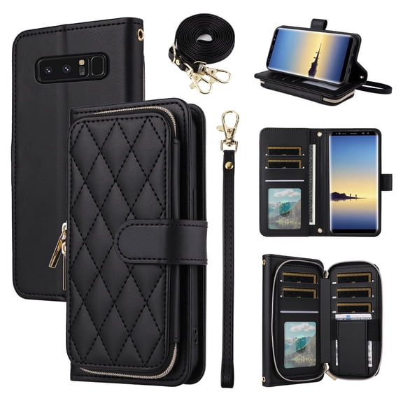 Furiet Wallet Case for Samsung Galaxy Note 8 with Wrist Strap, Crossbody Shoulder Strap, 9+ Card Slots Zipper Purse, Luxury PU Leather Stand Cell Phone Cover for Note8 Not S8 Gaxaly Women Black
