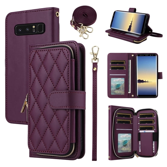 Furiet Wallet Case for Samsung Galaxy Note 8 with Wrist Strap, Crossbody Shoulder Strap, 9+ Card Slots Zipper Purse, Luxury PU Leather Stand Cell Phone Cover for Note8 Not S8 Gaxaly Women Deep Purple