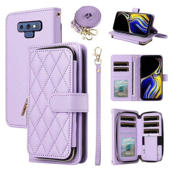 Furiet Wallet Case for Samsung Galaxy Note 9 with Detachable Wrist Strap, Crossbody Shoulder Strap, 9+ Card Slots Zipper Purse, Luxury PU Leather Stand Cell Phone Cover for Note9 Not S9 Women Purple