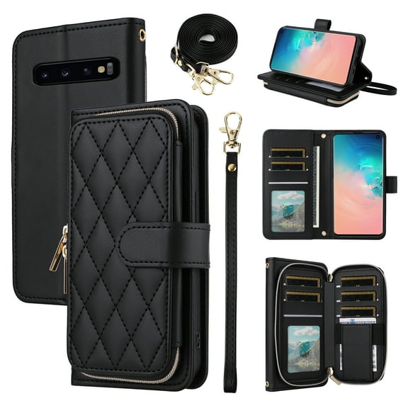Furiet Wallet Case for Samsung Galaxy S10 with Wrist Strap, Crossbody Shoulder Strap, 9+ Card Slots Zipper Purse Luxury PU Leather Stand Cell Phone Cover for S 10 Edge 10S GS10 X10 Women Black