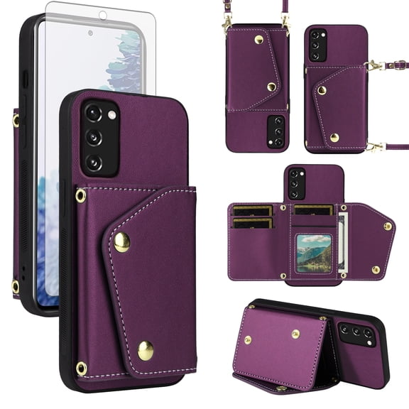 Furiet Wallet Case for Samsung Galaxy S20 FE 5G 6.5 inch with Tempered Glass Screen Protector Shoulder Strap, Stand Phone Cover for S 20 EF UW 2022 S20FE5G S20FE 20S S2O Fan Edition 4G G5 Deep Purple