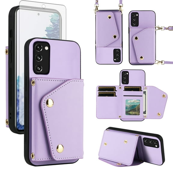 Furiet Wallet Case for Samsung Galaxy S20 FE 5G 6.5 inch with Tempered Glass Screen Protector Shoulder Strap, Stand Phone Cover for S 20 EF UW 2022 S20FE5G S20FE 20S S2O Fan Edition 4G G5 Purple