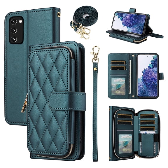 Furiet Wallet Case for Samsung Galaxy S20 FE 5G 6.5 inch with Wrist/Shoulder Strap, Card Slots Luxury PU Leather Stand Phone Cover for S 20 EF UW S20FE5G S20FE 20S S2O Fan Edition 4G G5 Women Green