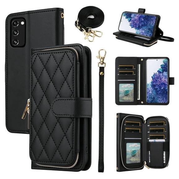 Furiet Wallet Case for Samsung Galaxy S20 FE 5G 6.5 inch with Wrist Strap, Shoulder Strap, 9  Card Slots Leather Stand Phone Cover for S 20 EF UW S20FE5G S20FE 20S S2O Fan Edition 4G G5 Women Black