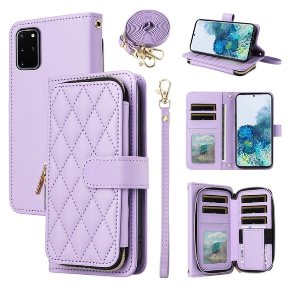 Furiet Wallet Case for Samsung Galaxy S20 Plus S20+ 5G with Wrist Strap, Crossbody Shoulder Strap, Leather Stand Phone Cover with 9+ Card Slots for S20+5G S20plus 20S + S2O S 20 20+ G5 Women Purple