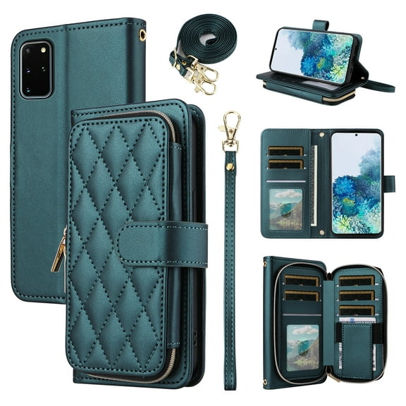 Furiet Wallet Case for Samsung Galaxy S20 Plus S20 5G with Wrist Strap, Crossbody Shoulder Strap, Leather Stand Phone Cover with 9 Card Slots for S20 5G S20plus 20S S2O S 20 20 G5 Women Green