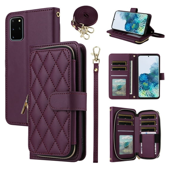 Furiet Wallet Case for Samsung Galaxy S20 Plus S20  5G with Wrist Strap, Crossbody Shoulder Strap, Leather Stand Phone Cover with Card Slots for S20 5G S20plus 20S   S2O S 20 20  G5 Women Deep Purple