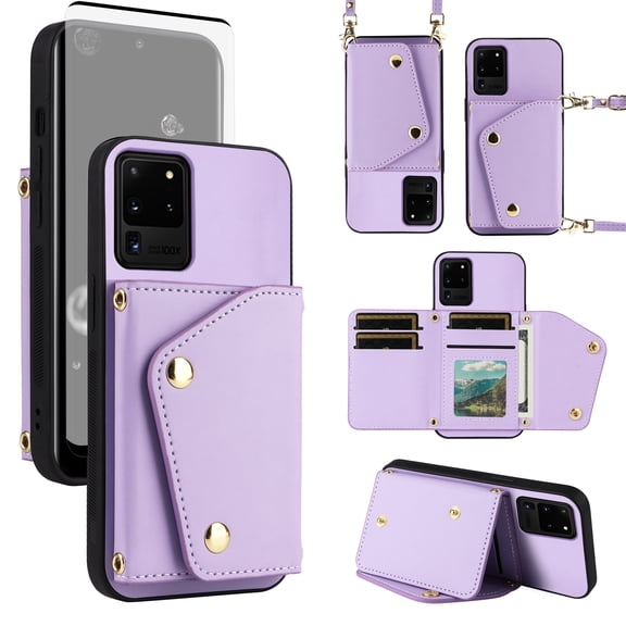 Furiet Wallet Case for Samsung Galaxy S20 Ultra 5G & Tempered Glass Screen Protector Slim Flip Purse Shoulder Strap, Card Holder Stand Phone Cover for S20ultra 20S S 20 A20 S2O 20ultra G5 Purple