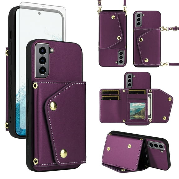 Furiet Wallet Case for Samsung Galaxy S21 FE 5G & Tempered Glass Screen Protector Slim Flip Purse Shoulder Strap Card Holder Stand Phone Cover for S 21 EF S21FE5G UW S21FE 21S G5 6.4 inch Deep Purple