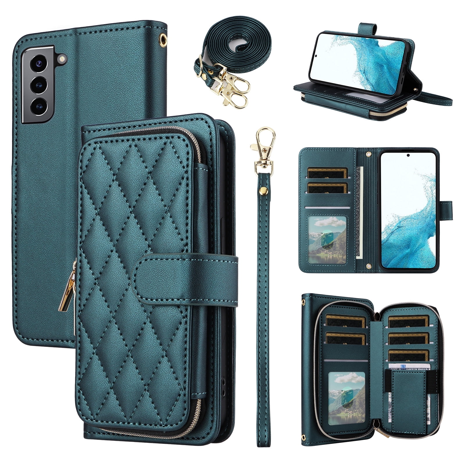 Furiet Wallet Case for Samsung Galaxy S21 FE 5G with Wrist/Shoulder Strap, Card Slots Zipper Purse, Luxury PU Leather Stand Cell Phone Cover for S 21 EF S21FE5G UW S21FE 21S G5 6.4 inch Women Green