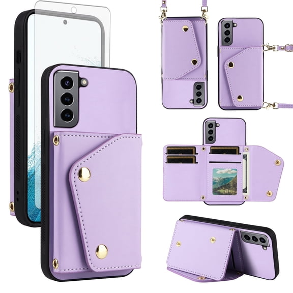 Furiet Wallet Case for Samsung Galaxy S21 Plus S21  5G & Tempered Glass Screen Protector Slim Flip Purse Shoulder Strap, Card Holder Stand Phone Cover for S21 5G S21plus 21S   S 21 21  G5 Purple