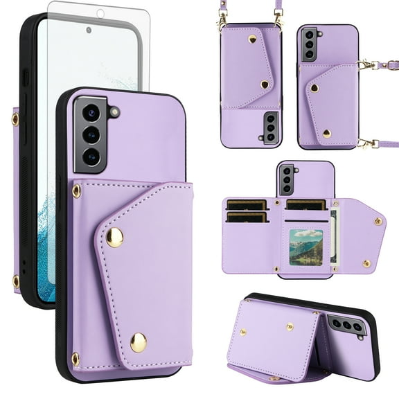 Furiet Wallet Case for Samsung Galaxy S21 Plus S21+ 5G & Tempered Glass Screen Protector Slim Flip Purse Shoulder Strap, Card Holder Stand Phone Cover for S21+5G S21plus 21S + S 21 21+ G5 Purple