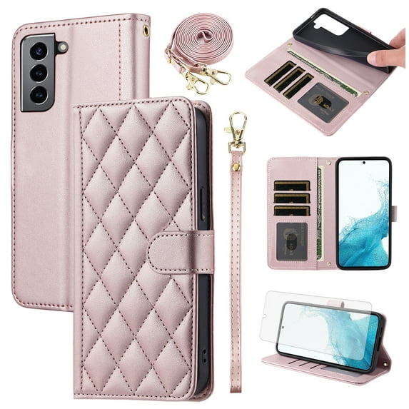 Furiet Wallet Case for Samsung Galaxy S21 Plus S21+ 5G & Tempered Glass Screen Protector Wrist/Shoulder Strap Card Slot Folio Purse Stand Phone Cover for S21+5G S21plus 21S + S 21 21+ G5 Rose Gold
