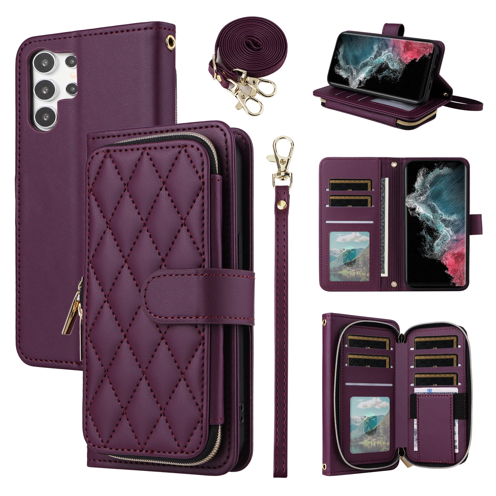 Furiet Wallet Case for Samsung Galaxy S21 Ultra 5G with Wrist Strap Crossbody Shoulder Strap Card Slots Zipper Purse, Leather Stand Cell Phone Cover for S21ultra 21S S 21 21ultra G5 Women Deep Purple
