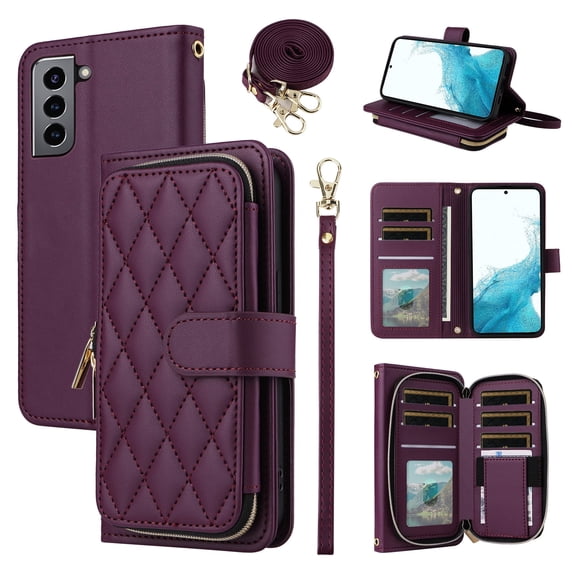 Furiet Wallet Case for Samsung Galaxy S22 5G with Wrist/Shoulder Strap, Card Slots Zipper Purse, Luxury PU Leather Stand Kickstand Cell Phone Cover for S 22 22S 4G G5 6.1 inch Women Girls Deep Purple