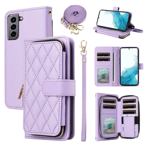 Furiet Wallet Case for Samsung Galaxy S22 Plus S22+ 5G with Wrist/Shoulder Strap, Card Slots Zipper Purse, Luxury PU Leather Stand Phone Cover for S22+5G S22plus 22S + S 22 22+ Women Girls Purple