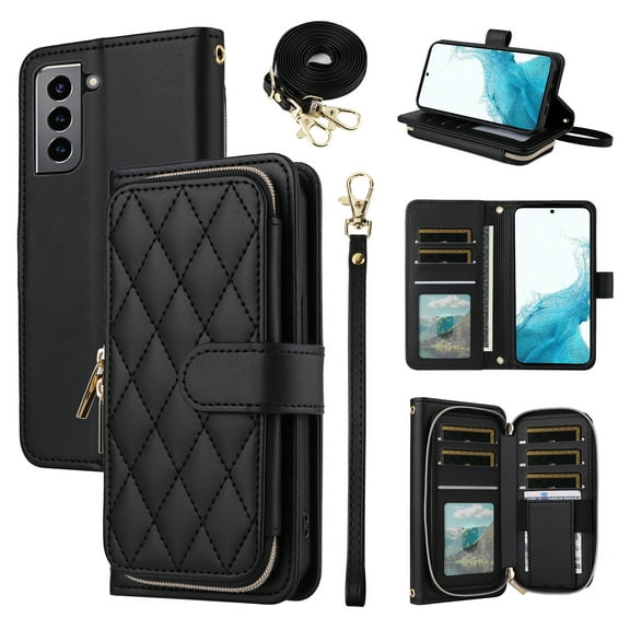 Furiet Wallet Case for Samsung Galaxy S22 Plus S22+ 5G with Wrist Strap Shoulder Strap, 9+ Card Slots Zipper Purse, Luxury PU Leather Stand Phone Cover for S22+5G S22plus 22S + S 22 22+ Women Black