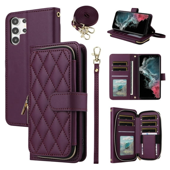 Furiet Wallet Case for Samsung Galaxy S22 Ultra 5G with Wrist Strap Shoulder Strap, Card Slots Zipper Purse, Luxury PU Leather Stand Phone Cover for S22ultra 22S S 22 S22ultra5g 6.8 Women Deep Purple