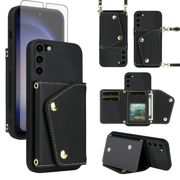 Furiet Wallet Case for Samsung Galaxy S23 5G with Tempered Glass Screen Protector Slim Purse Shoulder Strap, Card Holder Stand Phone Cover for S 23 23S GS23 G5 SM-S911U 6.1 inch Women Men Black
