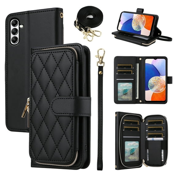 Furiet Wallet Case for Samsung Galaxy S23 FE 5G with Detachable Wrist/Shoulder Strap, Card Slots Zipper Purse, Luxury PU Leather Stand Flip Cell Phone Cover for S 23 EF S23FE 23S Women Girls Black