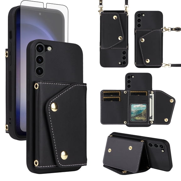 Furiet Wallet Case for Samsung Galaxy S23 Plus S23+ 5G Tempered Glass Screen Protector Slim Flip Purse Shoulder Strap Card Holder Phone Cover for S23plus 23S + S 23 23+ SM-S916U 6.6 inch Black