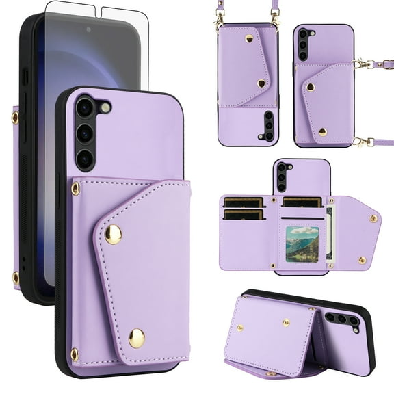 Furiet Wallet Case for Samsung Galaxy S23 Plus S23  5G Tempered Glass Screen Protector Slim Flip Purse Shoulder Strap Card Holder Phone Cover for S23plus 23S   S 23 23  SM-S916U 6.6 inch Purple