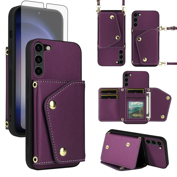 Furiet Wallet Case for Samsung Galaxy S23 Plus S23 5G Tempered Glass Screen Protector Slim Flip Purse Shoulder Strap Card Holder Phone Cover for S23plus 23S S 23 23 SM-S916U 6.6 inch Deep Purple