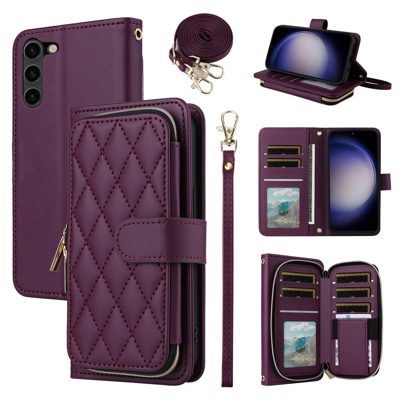Furiet Wallet Case for Samsung Galaxy S23 Plus S23+ 5G with Wrist Strap Shoulder Strap Card Slot Zipper Purse, Leather Stand Phone Cover for S23plus 23S + S 23 23+ SM-S916U 6.6 inch Women Deep Purple