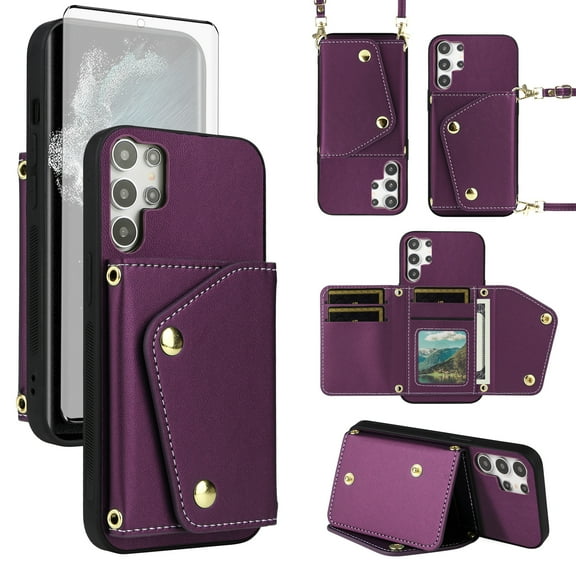 Furiet Wallet Case for Samsung Galaxy S23 Ultra 5G with Tempered Glass Screen Protector Slim Flip Purse Shoulder Strap Card Holder Stand Phone Cover for S23Ultra 23S S 23 23Ultra 6.8 inch Deep Purple