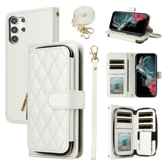 Furiet Wallet Case for Samsung Galaxy S23 Ultra 5G with Wrist Strap Shoulder Strap, 9+ Card Slots Zipper Purse, Luxury PU Leather Stand Phone Cover for S23Ultra 23S S 23 23Ultra 6.8 inch Women White