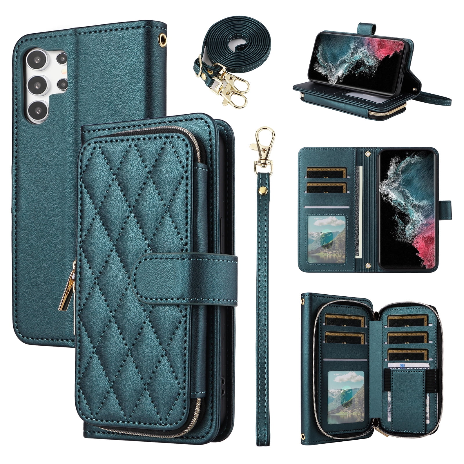 Furiet Wallet Case for Samsung Galaxy S23 Ultra 5G with Wrist Strap Shoulder Strap, 9+ Card Slots Zipper Purse, Luxury PU Leather Stand Phone Cover for S23Ultra 23S S 23 23Ultra 6.8 inch Women Green