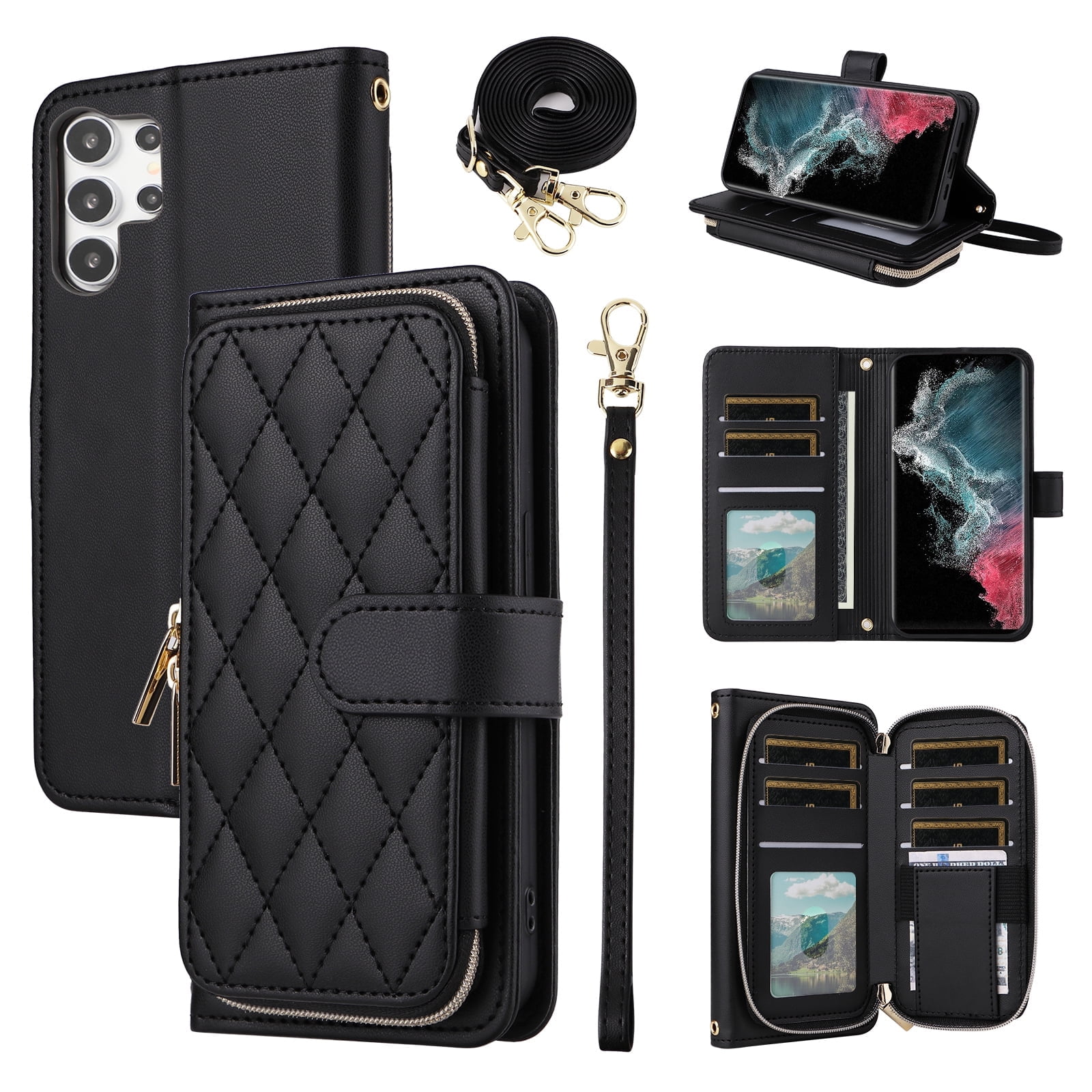 Furiet Wallet Case for Samsung Galaxy S23 Ultra 5G with Wrist Strap Shoulder Strap, 9+ Card Slots Zipper Purse, Luxury PU Leather Stand Phone Cover for S23Ultra 23S S 23 23Ultra 6.8 inch Women Black