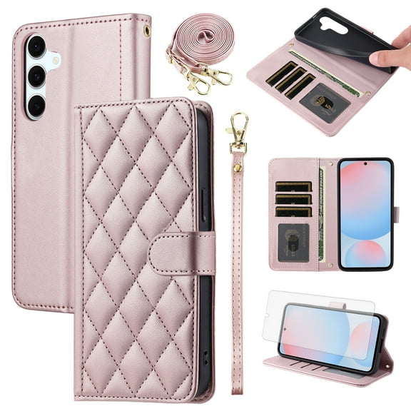Furiet Wallet Case for Samsung Galaxy S24 FE 5G & Tempered Glass Screen Protector Wrist/Shoulder Strap, Card Slot Luxury PU Leather Stand Phone Cover for S 24 EF AI S24FE 24S Women Men Rose Gold