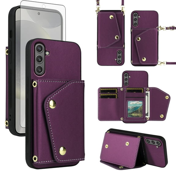 Furiet Wallet Case for Samsung Galaxy S24 Plus S24+ 5G with Tempered Glass Screen Protector Slim Purse Shoulder Strap, Card Holder Stand Phone Cover for S24plus 24S + S 24 24+ Women Men Deep Purple