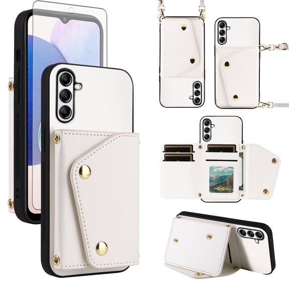 Furiet Wallet Case for Samsung Galaxy S24 Plus S24+ 5G with Tempered Glass Screen Protector Slim Purse Shoulder Strap, Card Holder Stand Phone Cover for S24plus 24S + S 24 24+ Women Men White