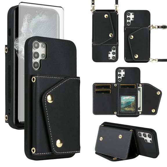 Furiet Wallet Case for Samsung Galaxy S24 Ultra 5G with Tempered Glass Screen Protector Slim Purse Shoulder Strap, Card Holder Stand Phone Cover for S24Ultra 24S S 24 24Ultra Women Men Black