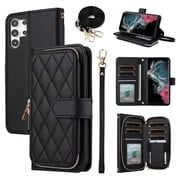 Furiet Argyle Wallet Case for Samsung Galaxy S25 Ultra 5G with Wrist Strap Shoulder Strap, Card Slots Zipper Purse Stand Checkered Phone Cover for S25Ultra 25S S 25 25Ultra Women Girls Black