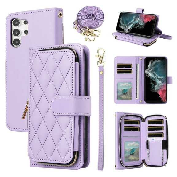 Furiet Argyle Wallet Case for Samsung Galaxy S25 Ultra 5G with Wrist/Shoulder Strap Card Slots Zipper Flip Purse Stand Checkered Cell Phone Cover for S25Ultra 25S S 25 25Ultra Women Girls Purple