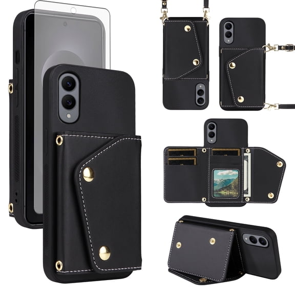 Furiet Wallet Case for Samsung Galaxy S25 Edge & Tempered Glass Screen Protector Slim Flip Purse Shoulder Strap Luxury PU Leather Card Holder Stand Phone Cover for S25Edge 25S S 25 25Edge Black