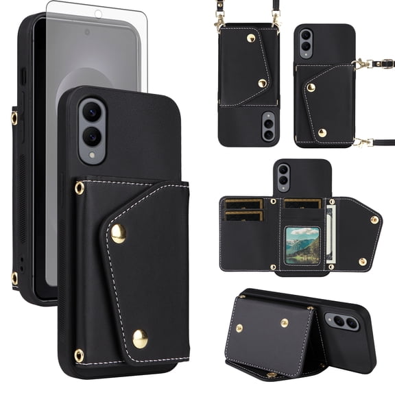 Furiet Wallet Case for Samsung Galaxy S25 Edge & Tempered Glass Screen Protector Slim Flip Purse Shoulder Strap Luxury PU Leather Card Holder Stand Phone Cover for S25Edge 25S S 25 25Edge Black