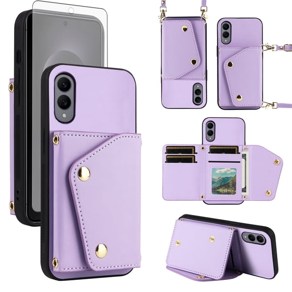 Furiet Wallet Case for Samsung Galaxy S25 Edge & Tempered Glass Screen Protector Slim Flip Purse Shoulder Strap Luxury PU Leather Card Holder Stand Phone Cover for S25Edge 25S S 25 25Edge Purple