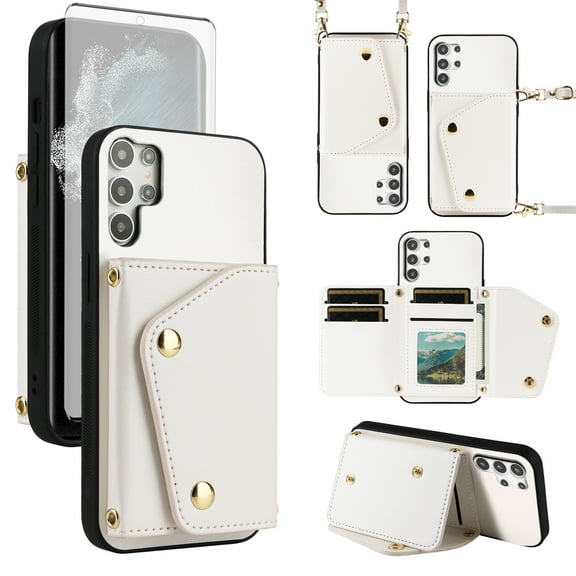 Furiet Wallet Case for Samsung Galaxy S25 Ultra 5G with Tempered Glass Screen Protector Slim Flip Purse Shoulder Strap Card Holder Stand Phone Cover for S25Ultra 25S S 25 25Ultra 6.9 2025 White