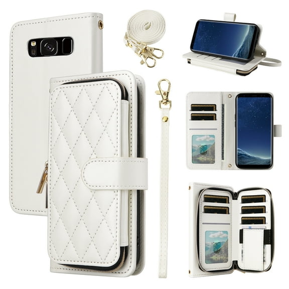 Furiet Wallet Case for Samsung Galaxy S8 with Detachable Wrist Strap, Shoulder Strap, 9+ Card Slots Zipper Purse, Luxury PU Leather Stand Cell Phone Cover for S 8 8S Edge SM-G950U Women White