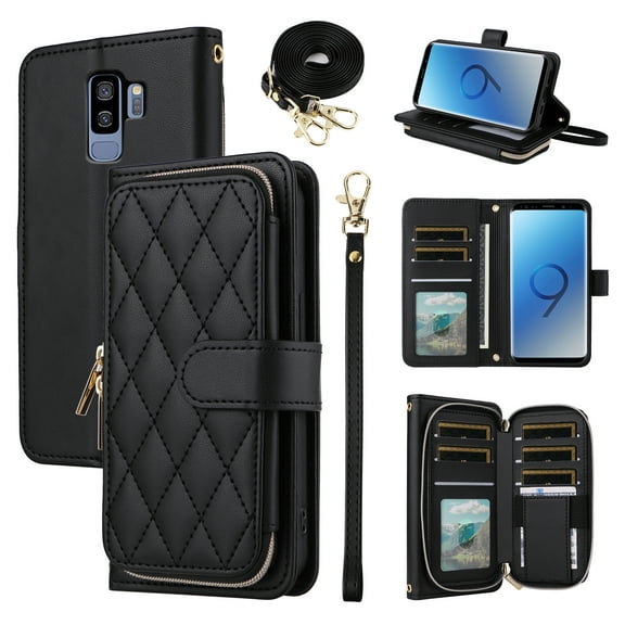 Furiet Wallet Case for Samsung Galaxy S9 Plus with Detachable Wrist Strap, Shoulder Strap, 9  Card Slots Zipper Purse, Luxury PU Leather Stand Cell Phone Cover for S9  9S 9  S 9 9plus S9plus Black