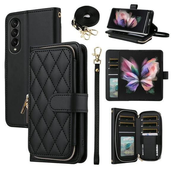 Furiet Wallet Case for Samsung Galaxy Z Fold 3 5G 2021 with Wrist Strap Crossbody Shoulder Strap, 9+ Card Slots Zipper Purse, Luxury PU Leather Stand Phone Cover for ZFold3 Z3 Fold3 3Z ZFold35G Black