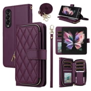 Furiet Wallet Case for Samsung Galaxy Z Fold 3 5G 2021 with Wrist Strap Crossbody Shoulder Strap Card Slot Zipper Purse Luxury PU Leather Stand Phone Cover for ZFold3 Z3 Fold3 3Z ZFold35G Deep Purple
