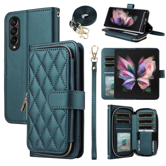 Furiet Wallet Case for Samsung Galaxy Z Fold 3 5G 2021 with Wrist Strap Crossbody Shoulder Strap, Card Slots Zipper Purse, Luxury PU Leather Stand Phone Cover for ZFold3 Z3 Fold3 3Z ZFold35G Green