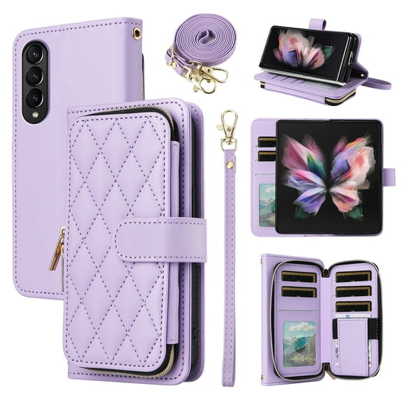 Furiet Wallet Case for Samsung Galaxy Z Fold 4 5G 2022 with Wrist/Shoulder Strap Card Slots Zipper Flip Purse, Luxury PU Leather Stand Phone Cover for ZFold4 Z4 Fold4 4Z ZFold45G Women Girls Purple