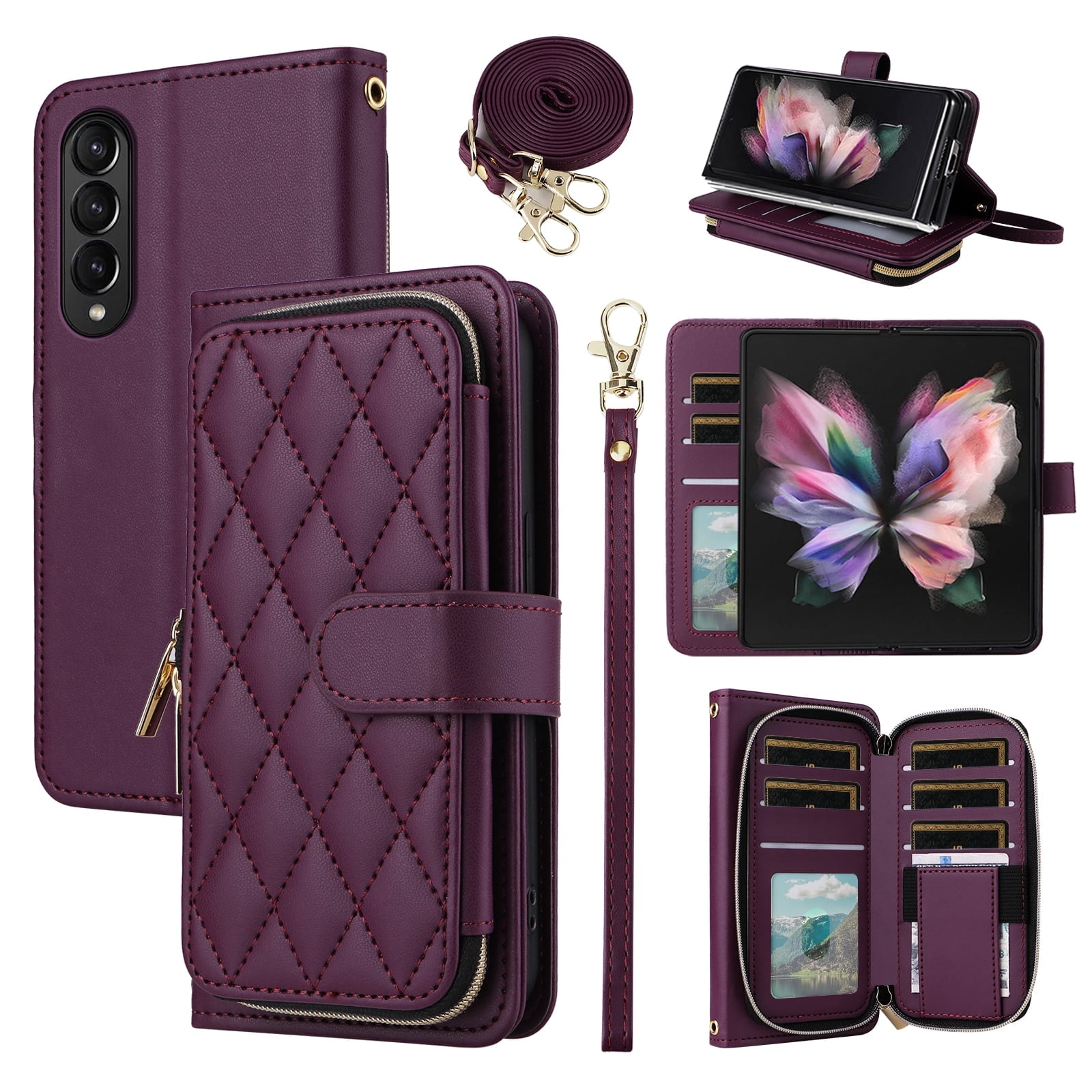 Furiet Wallet Case for Samsung Galaxy Z Fold 4 5G 2022 with Wrist Strap Crossbody Shoulder Strap Card Slot Zipper Purse Luxury PU Leather Stand Phone Cover for ZFold4 Z4 Fold4 4Z ZFold45G Deep Purple
