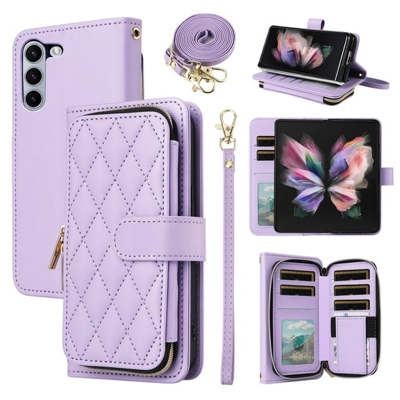Furiet Wallet Case for Samsung Galaxy Z Fold 5 5G 2023 with Wrist/Crossbody Shoulder Strap Card Slot Zipper Purse, Luxury PU Leather Stand Cell Phone Cover for ZFold5 Z5 G Fold5 5Z Women Girls Purple